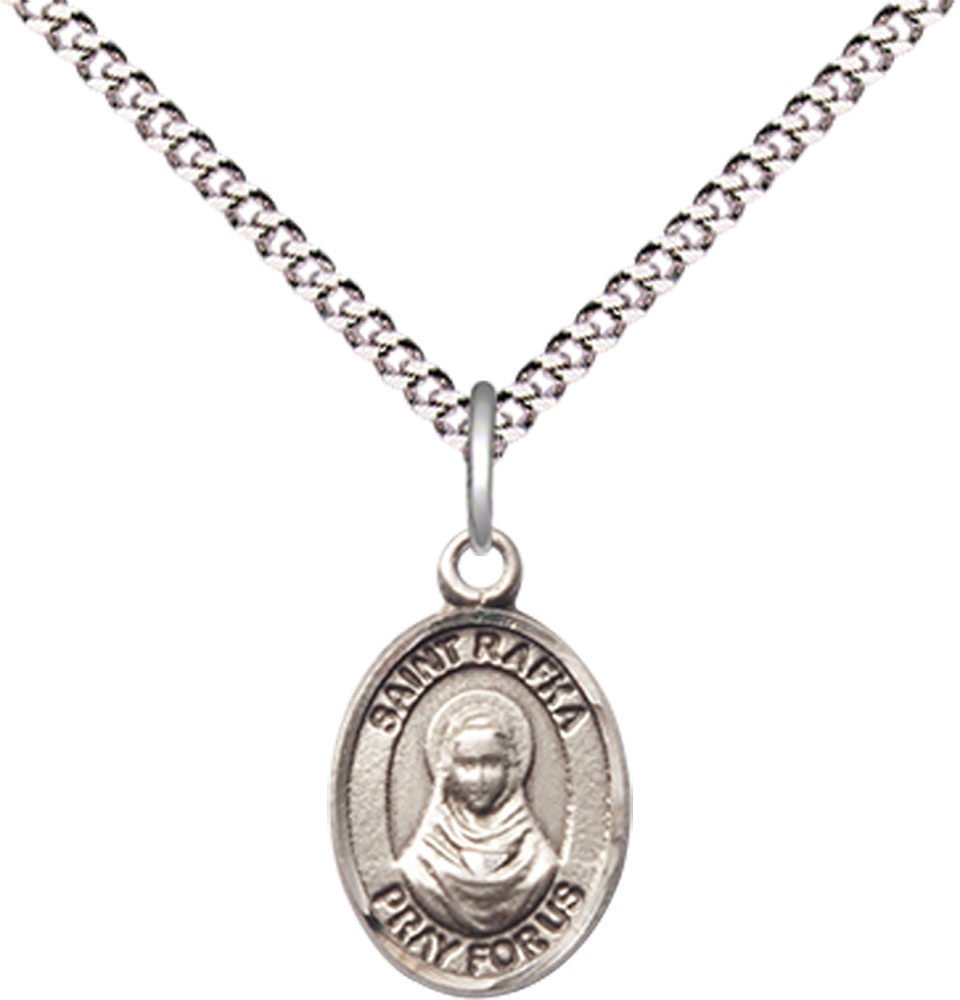 Sterling Silver Saint Rafka Pendant on a 18 inch Light Rhodium Light Curb chain