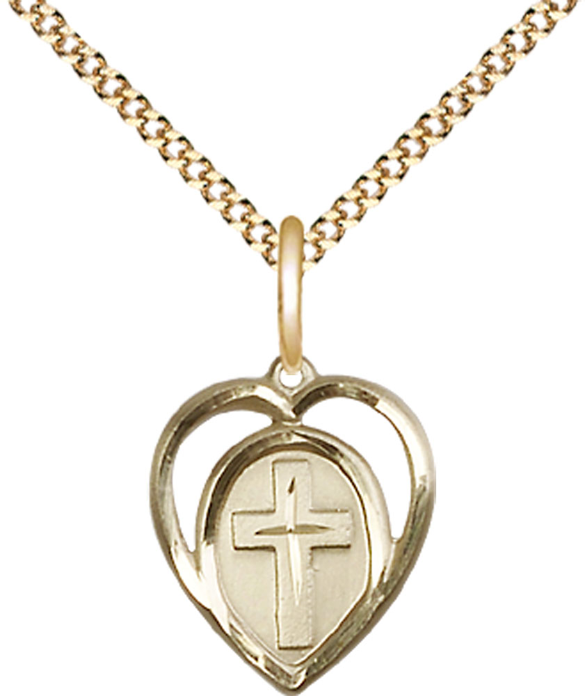 14kt Gold Filled Heart Cross Pendant on a 18 inch Gold Plate Light Curb chain