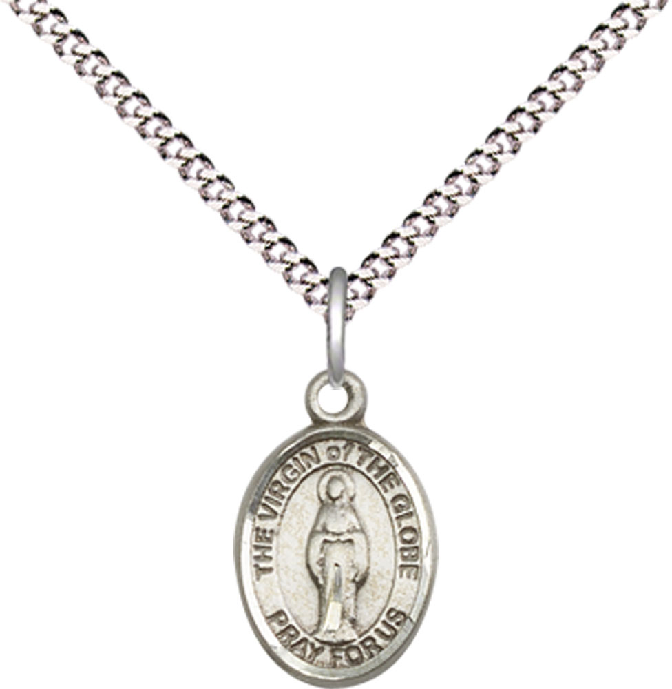 Sterling Silver Virgin of the Globe Pendant on a 18 inch Light Rhodium Light Curb chain