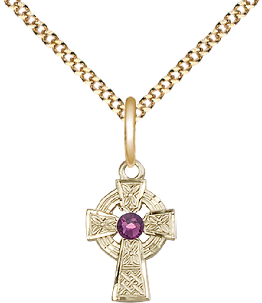 14kt Gold Filled Celtic Cross Pendant with a 3mm Amethyst Swarovski stone on a 18 inch Gold Plate Light Curb chain