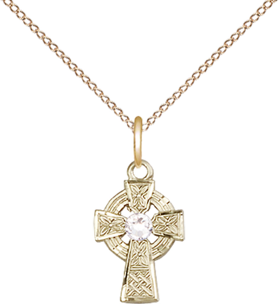 14kt Gold Filled Celtic Cross Pendant with a 3mm Crystal Swarovski stone on a 18 inch Gold Filled Light Curb chain