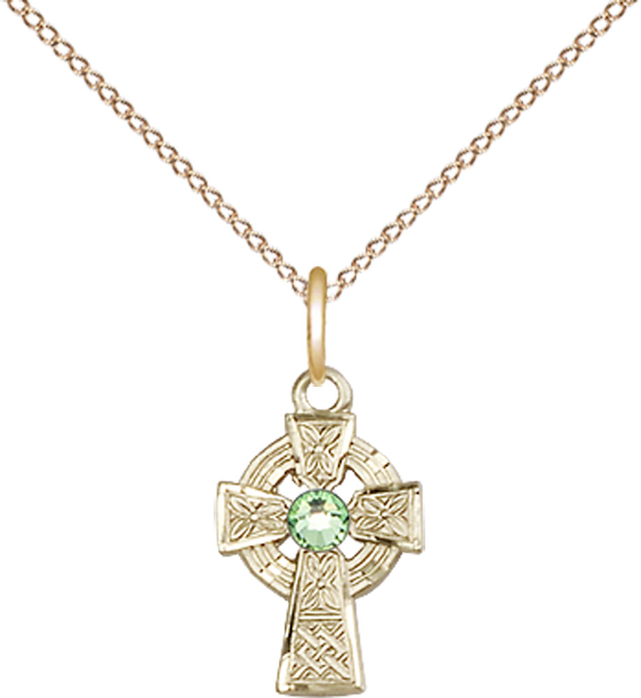 14kt Gold Filled Celtic Cross Pendant with a 3mm Peridot Swarovski stone on a 18 inch Gold Filled Light Curb chain