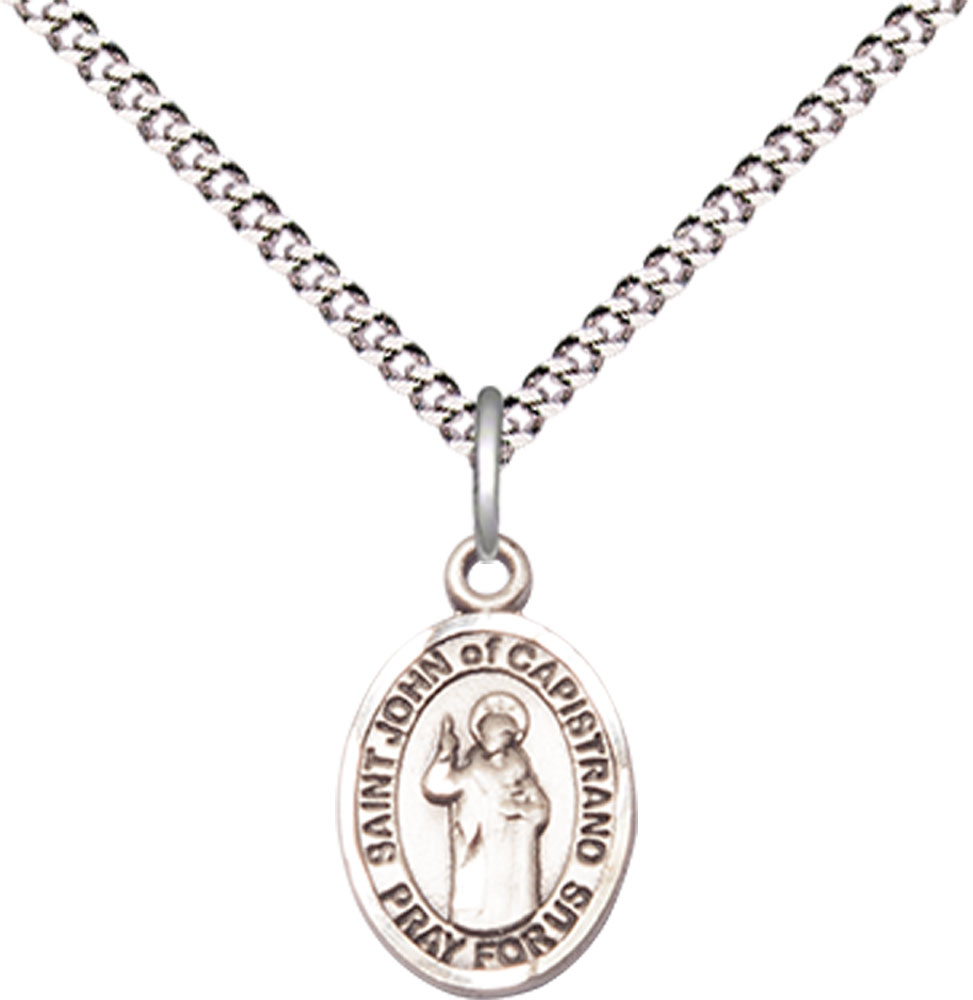 Sterling Silver Saint John of Capistrano Pendant on a 18 inch Light Rhodium Light Curb chain
