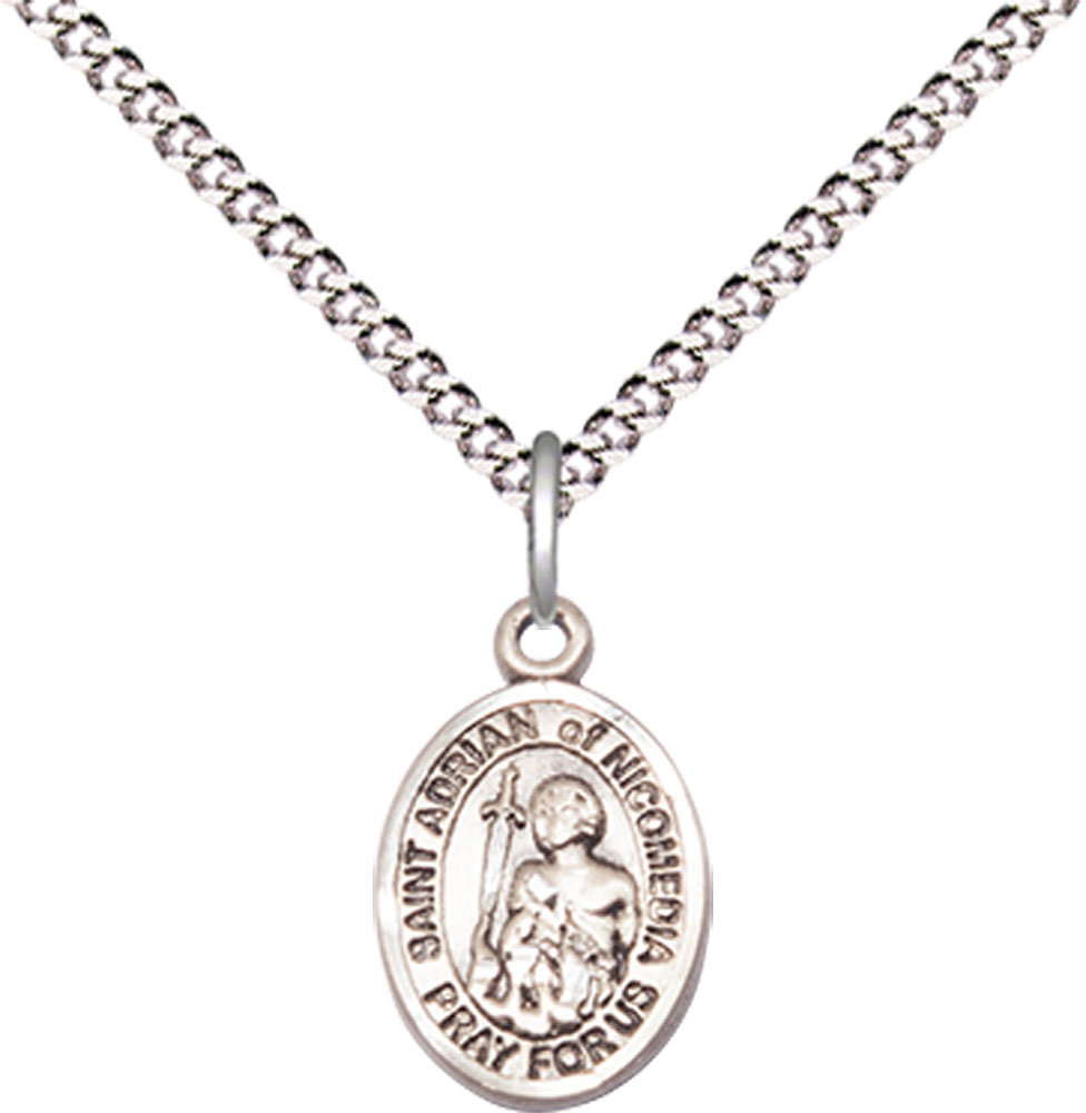 Sterling Silver Saint Adrian of Nicomedia Pendant on a 18 inch Light Rhodium Light Curb chain