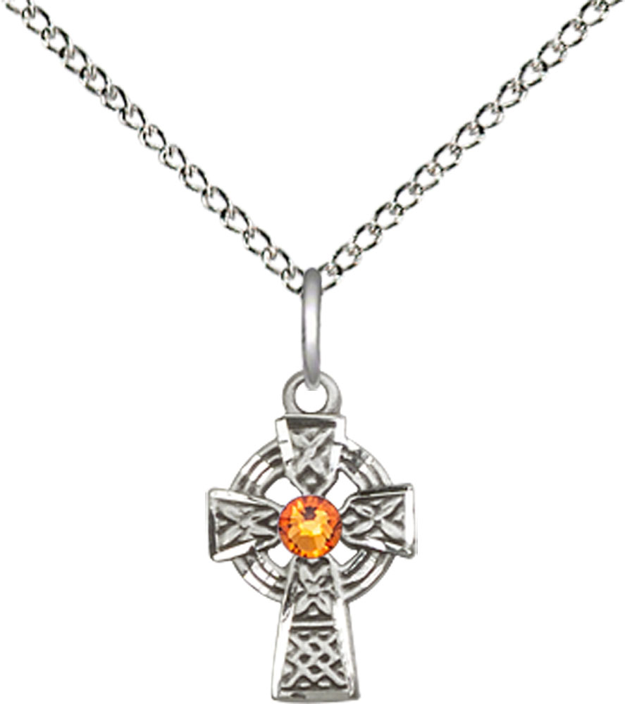 Sterling Silver Celtic Cross Pendant with a 3mm Topaz Swarovski stone on a 18 inch Sterling Silver Light Curb chain