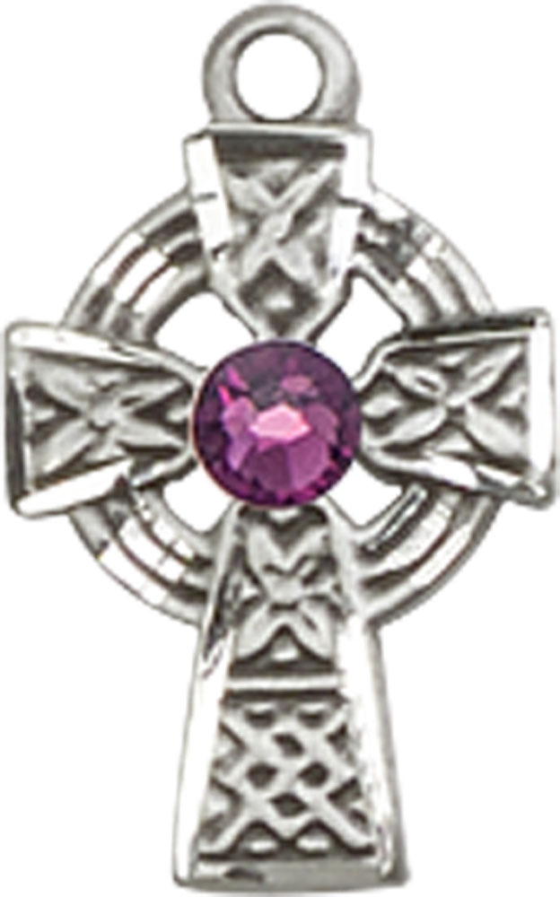 Sterling Silver Celtic Cross Medal with a 3mm Amethyst Swarovski stone