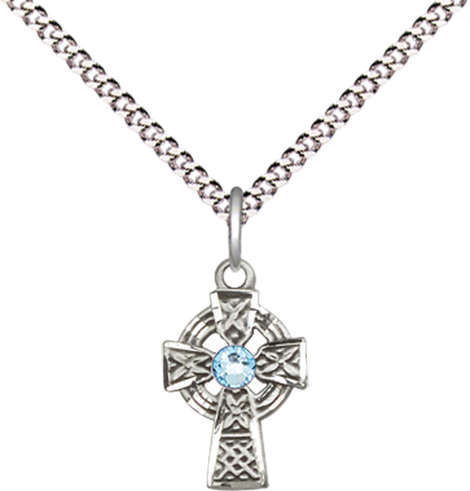 Sterling Silver Celtic Cross Pendant with a 3mm Aqua Swarovski stone on a 18 inch Light Rhodium Light Curb chain