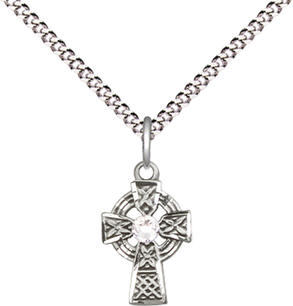 Sterling Silver Celtic Cross Pendant with a 3mm Crystal Swarovski stone on a 18 inch Light Rhodium Light Curb chain