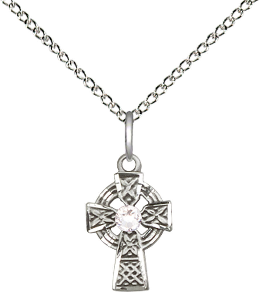 Sterling Silver Celtic Cross Pendant with a 3mm Crystal Swarovski stone on a 18 inch Sterling Silver Light Curb chain
