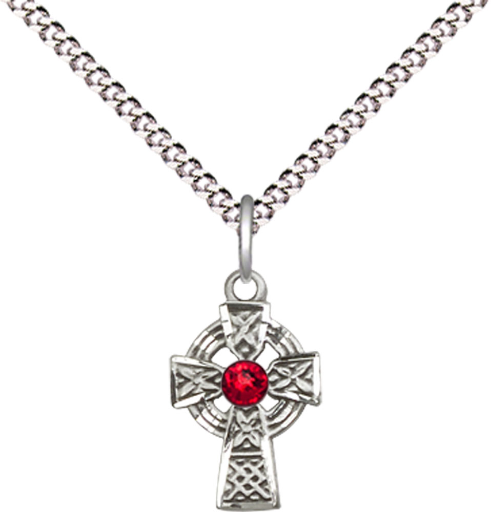 Sterling Silver Celtic Cross Pendant with a 3mm Ruby Swarovski stone on a 18 inch Light Rhodium Light Curb chain