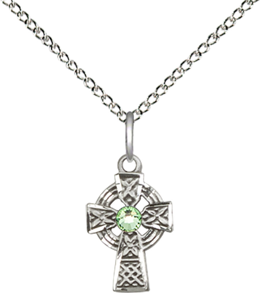 Sterling Silver Celtic Cross Pendant with a 3mm Peridot Swarovski stone on a 18 inch Sterling Silver Light Curb chain