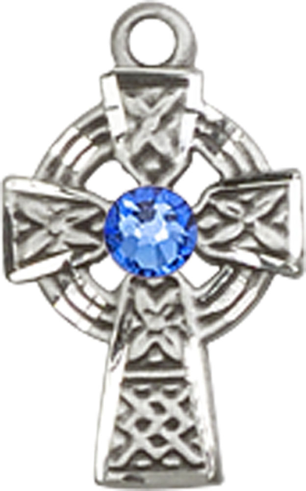 Sterling Silver Celtic Cross Medal with a 3mm Sapphire Swarovski stone