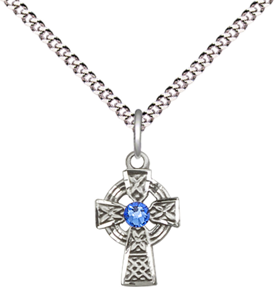 Sterling Silver Celtic Cross Pendant with a 3mm Sapphire Swarovski stone on a 18 inch Light Rhodium Light Curb chain