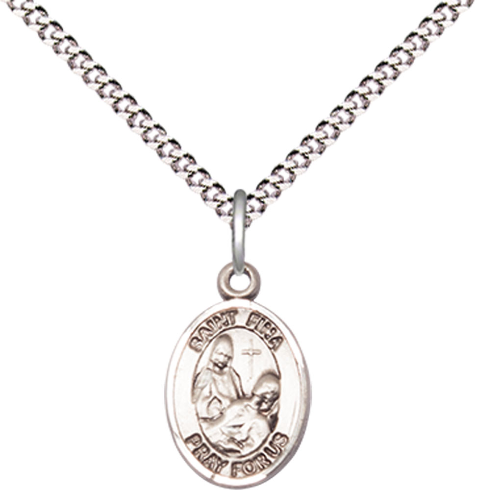 Sterling Silver Saint Fina Pendant on a 18 inch Light Rhodium Light Curb chain
