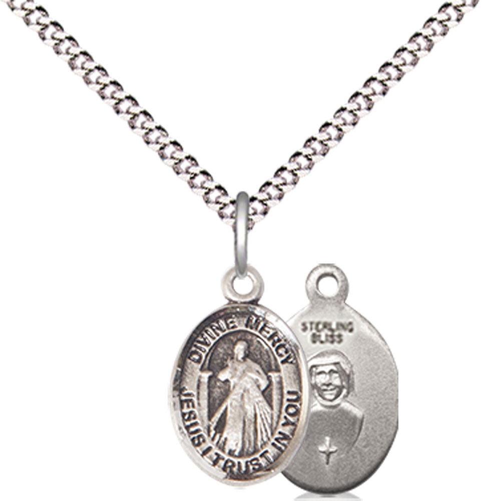 Sterling Silver Divine Mercy Pendant on a 18 inch Light Rhodium Light Curb chain
