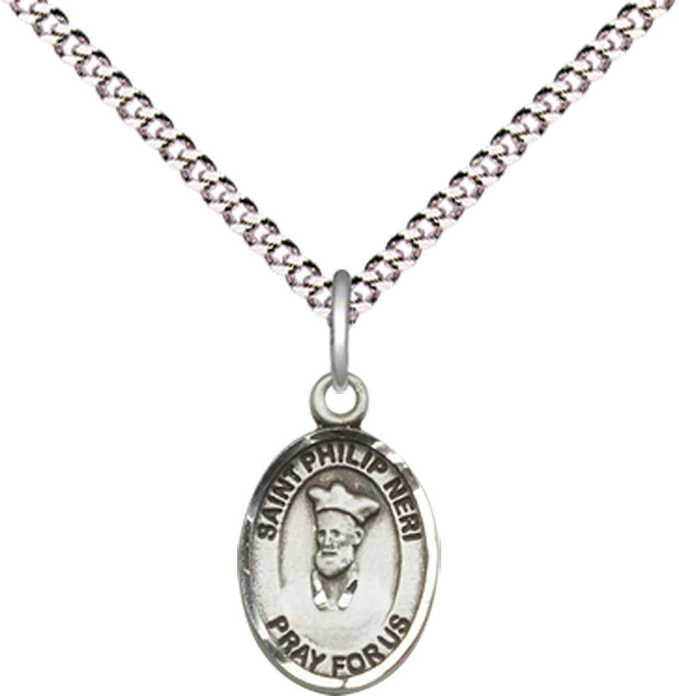 Sterling Silver Saint Philip Neri Pendant on a 18 inch Light Rhodium Light Curb chain