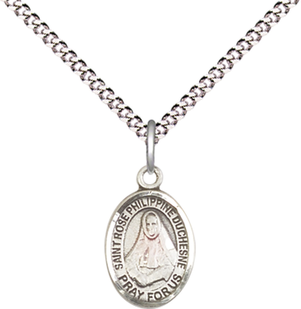 Sterling Silver Saint Rose Philippine Pendant on a 18 inch Light Rhodium Light Curb chain