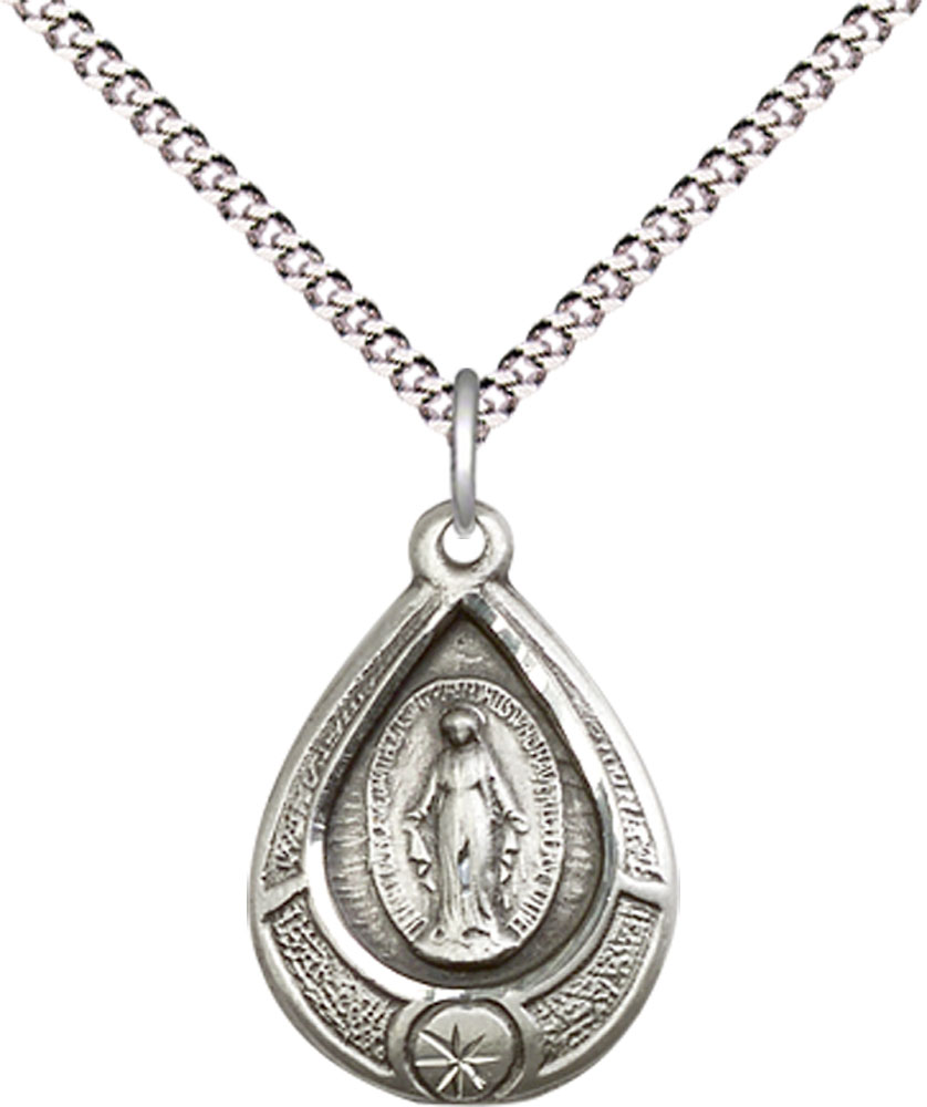 Sterling Silver Miraculous Pendant on a 18 inch Light Rhodium Light Curb chain