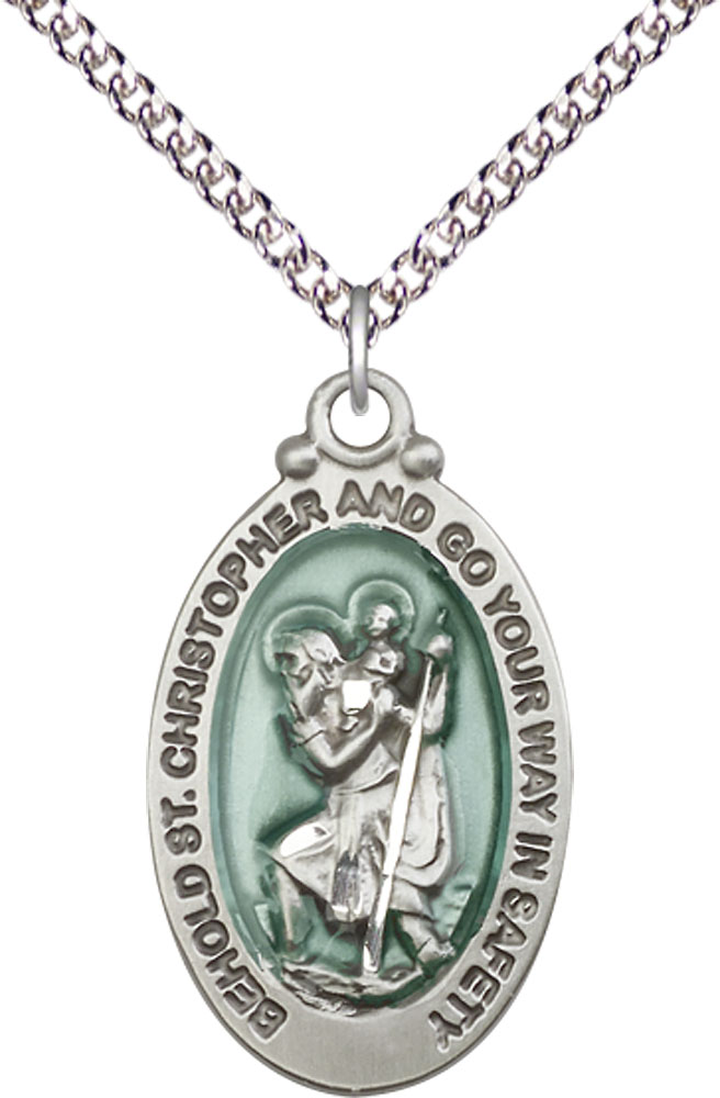 Sterling Silver Saint Christopher Pendant on a 24 inch Sterling Silver Heavy Curb chain