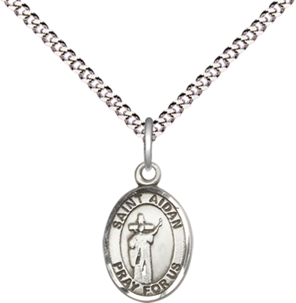 Sterling Silver Saint Aidan of Lindesfarne Pendant on a 18 inch Light Rhodium Light Curb chain