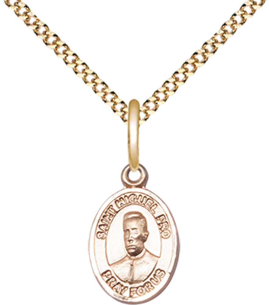 14kt Gold Filled Blessed Miguel Pro Pendant on a 18 inch Gold Plate Light Curb chain