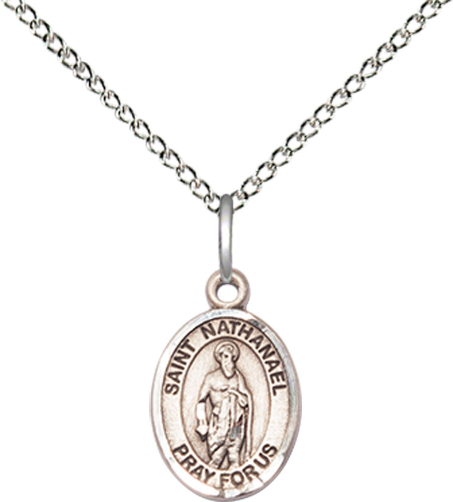 Sterling Silver Saint Nathanael Pendant on a 18 inch Sterling Silver Light Curb chain