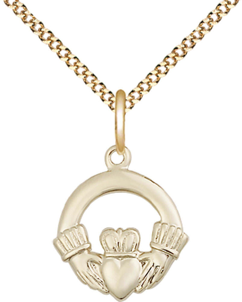14kt Gold Filled Claddagh Pendant on a 18 inch Gold Plate Light Curb chain