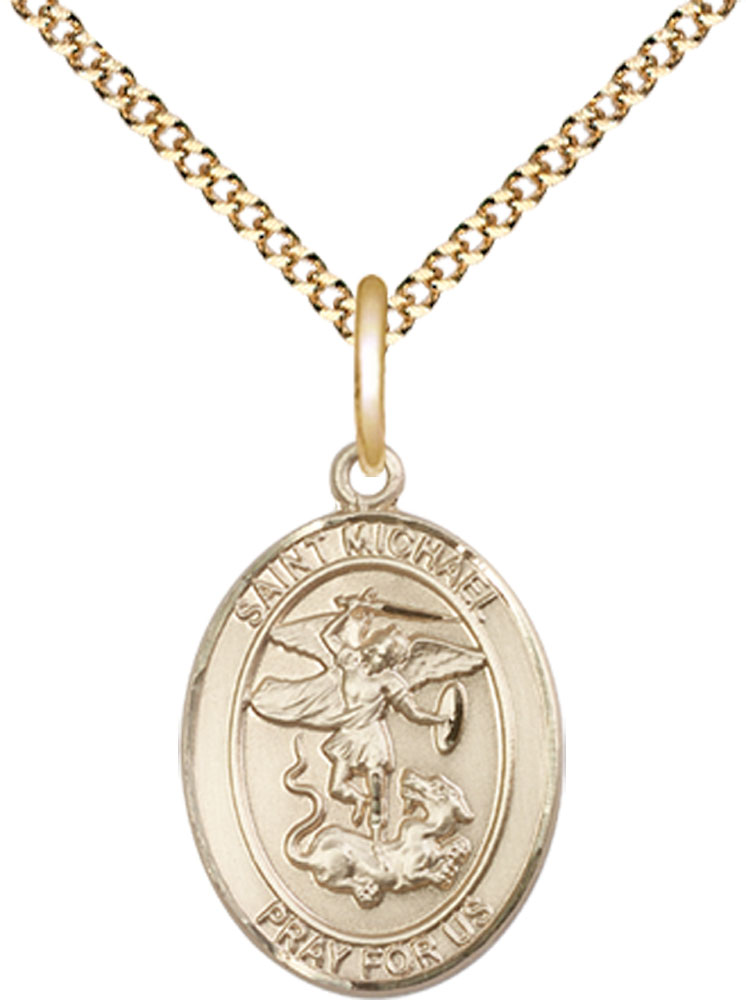14kt Gold Filled Saint Michael the Archangel Pendant on a 18 inch Gold Plate Light Curb chain