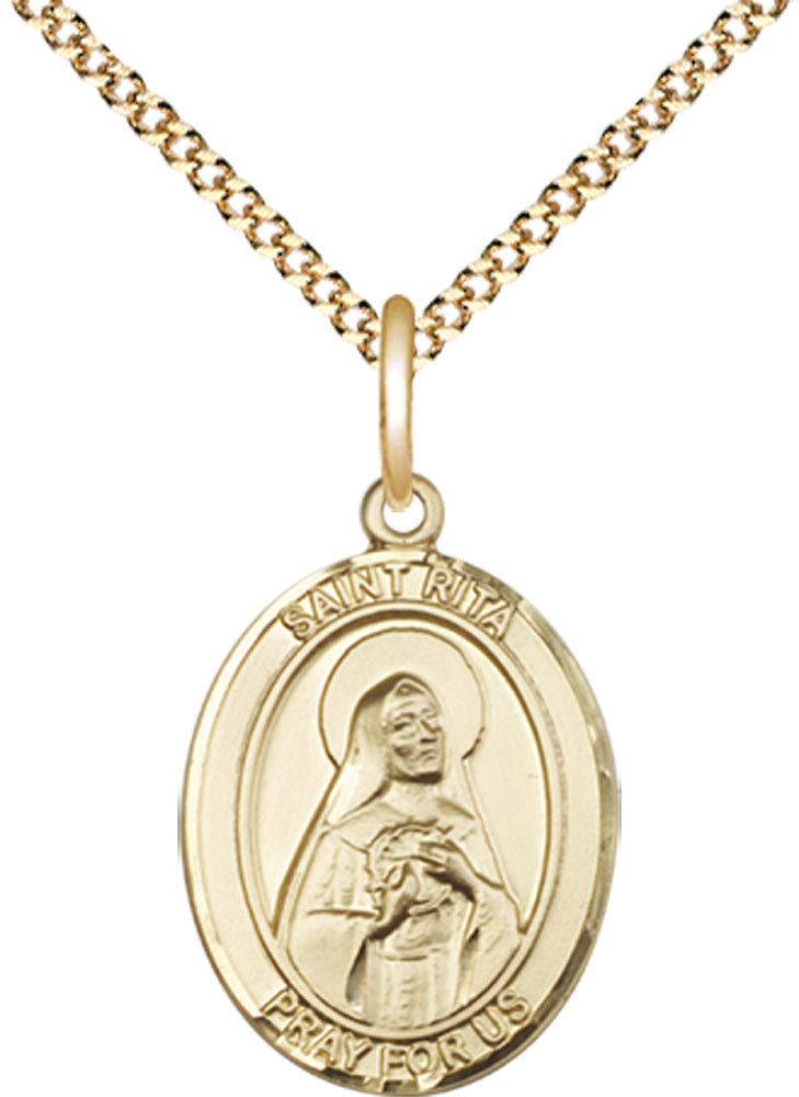 14kt Gold Filled Saint Rita of Cascia Pendant on a 18 inch Gold Plate Light Curb chain