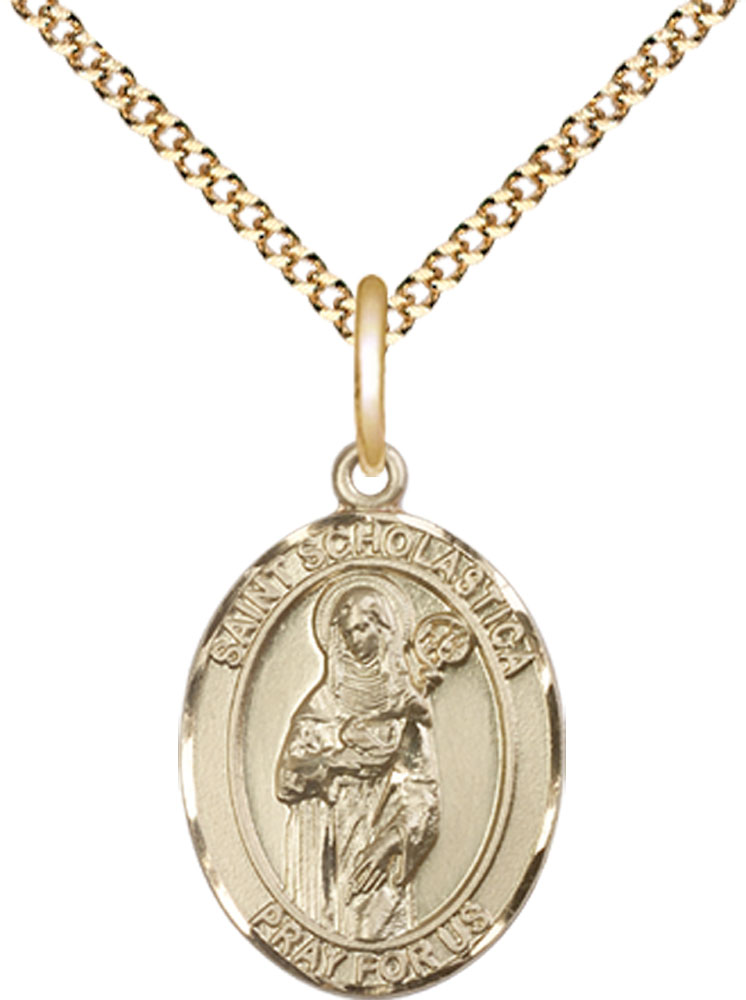 14kt Gold Filled Saint Scholastica Pendant on a 18 inch Gold Plate Light Curb chain