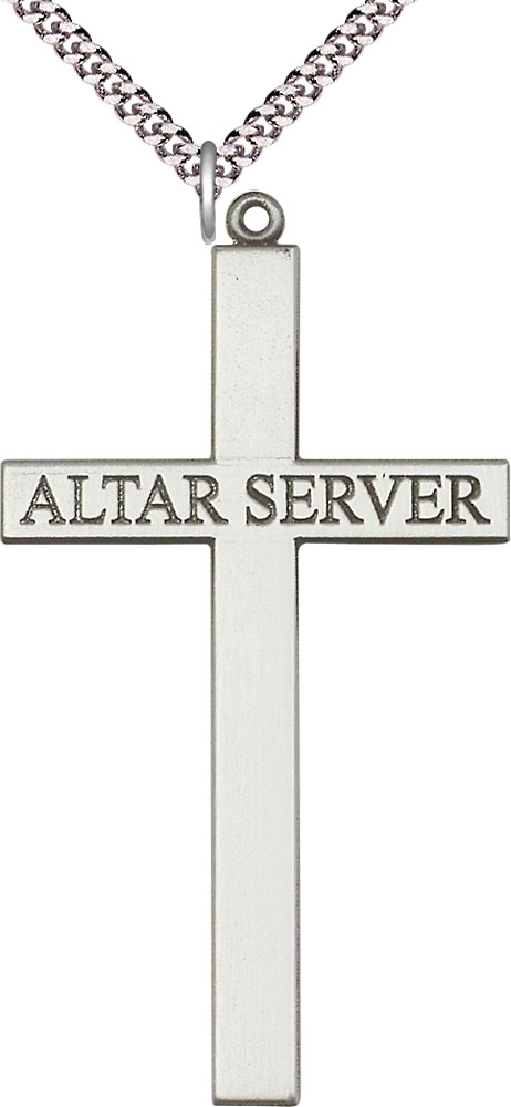 Sterling Silver Alter Server Cross Pendant on a 24 inch Light Rhodium Heavy Curb chain