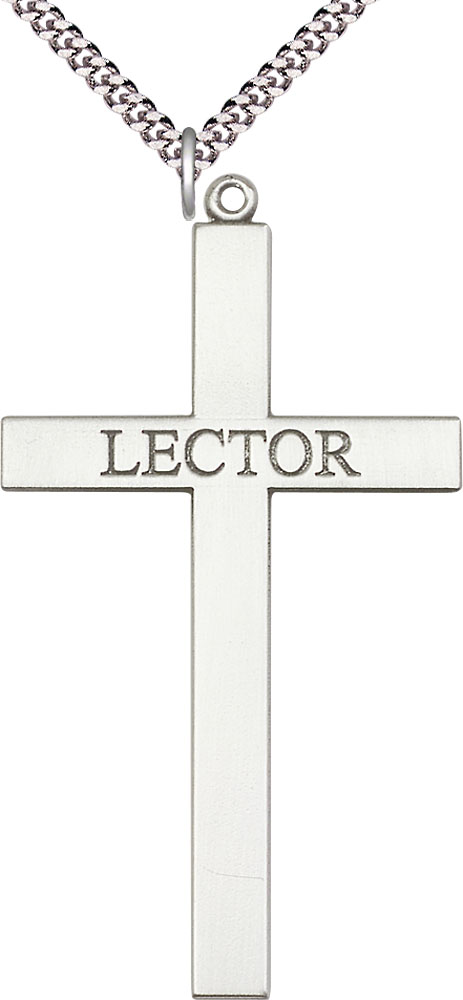 Sterling Silver Lector Cross Pendant on a 24 inch Light Rhodium Heavy Curb chain