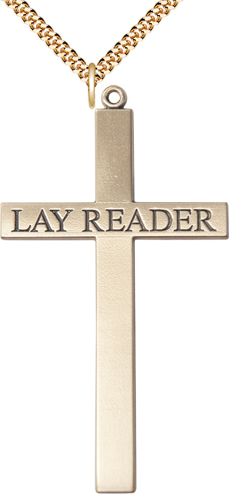 14kt Gold Filled Lay Reader Cross Pendant on a 24 inch Gold Plate Heavy Curb chain