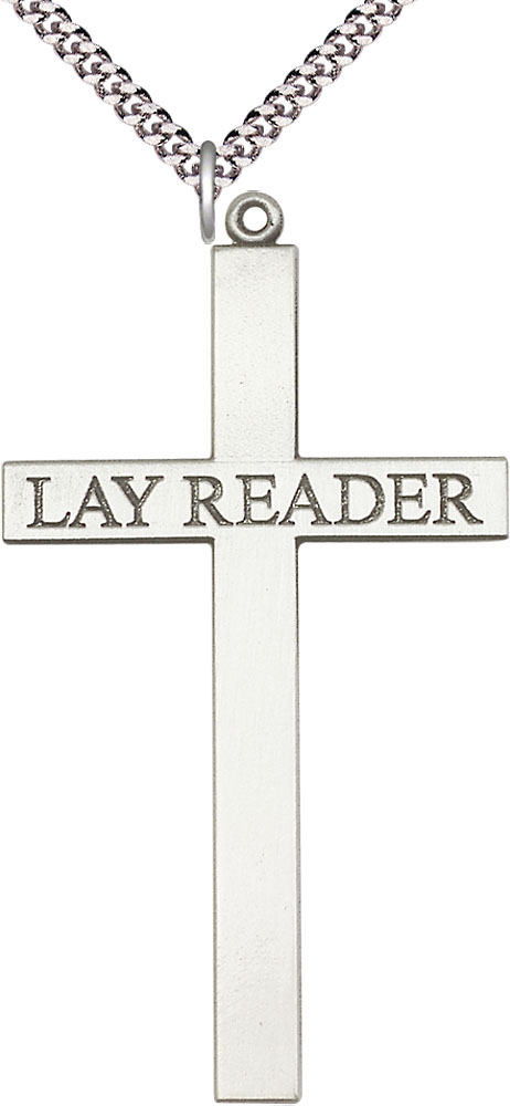 Sterling Silver Lay Reader Cross Pendant on a 24 inch Light Rhodium Heavy Curb chain