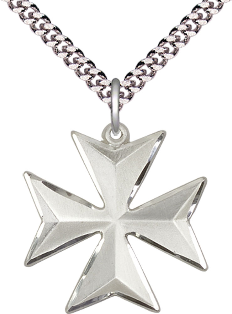 Sterling Silver Maltese Cross Pendant on a 24 inch Light Rhodium Heavy Curb chain