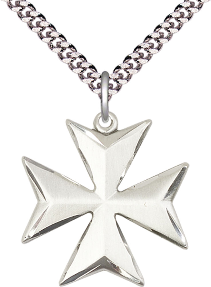 Sterling Silver Maltese Cross Pendant on a 24 inch Light Rhodium Heavy Curb chain