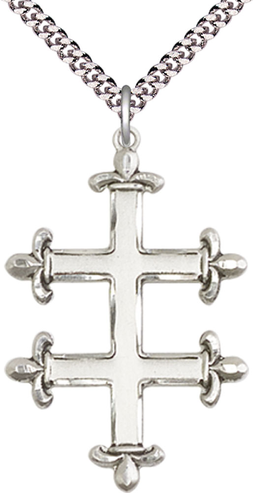 Sterling Silver Cross of Lorraine Pendant on a 24 inch Light Rhodium Heavy Curb chain