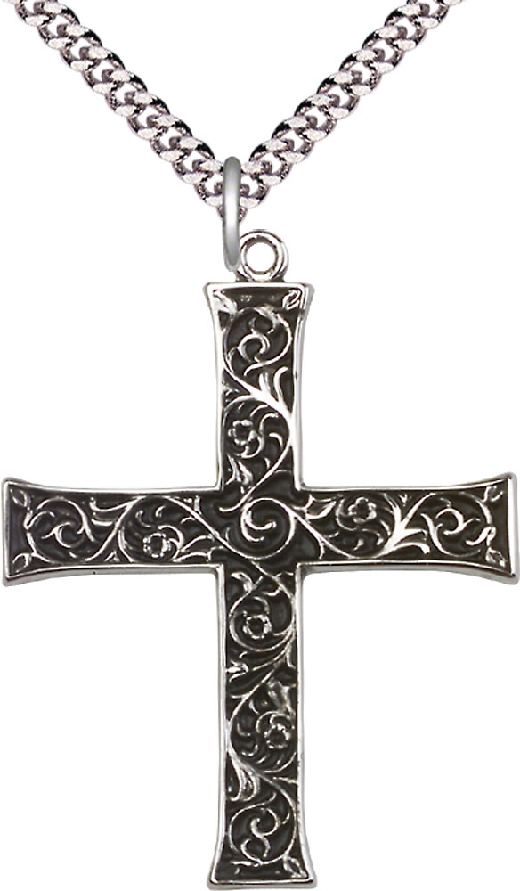 Sterling Silver Cross Pendant on a 24 inch Light Rhodium Heavy Curb chain