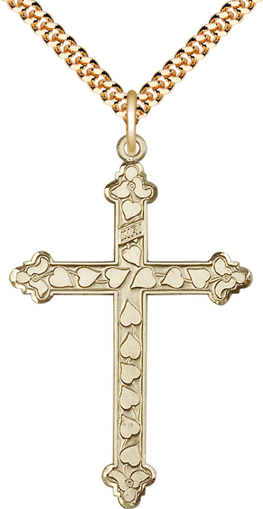 14kt Gold Filled Heart Cross Pendant on a 24 inch Gold Plate Heavy Curb chain