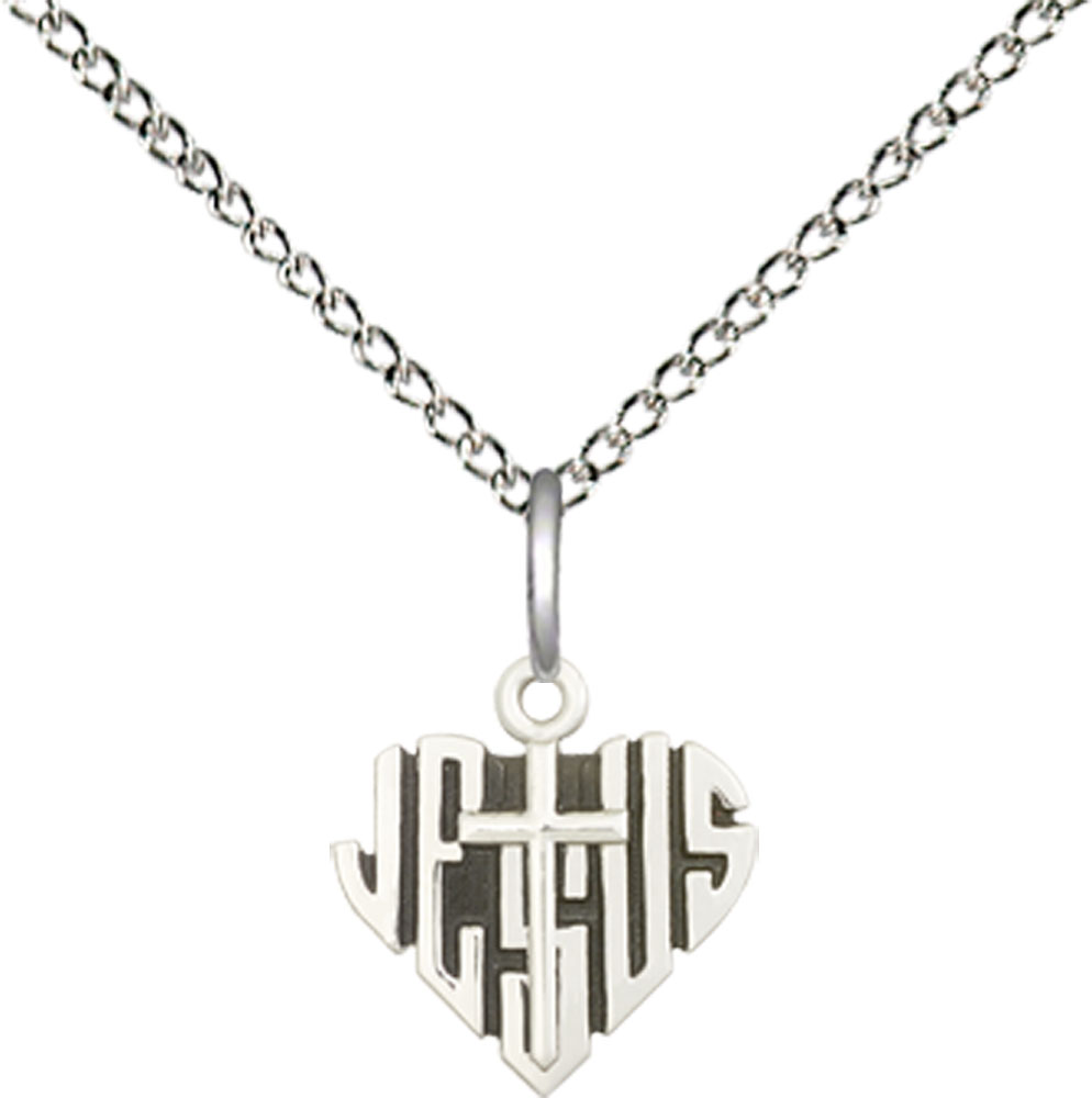 Sterling Silver Heart of Jesus w/Cross Pendant on a 18 inch Sterling Silver Light Curb chain