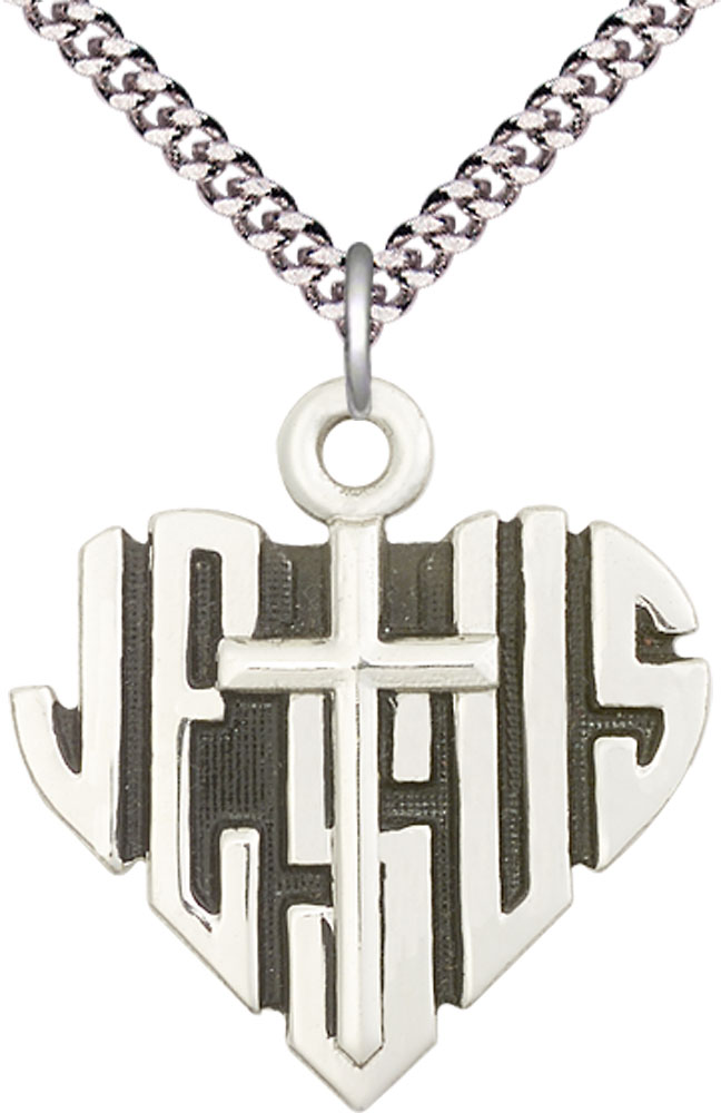 Sterling Silver Heart of Jesus w/Cross Pendant on a 24 inch Light Rhodium Heavy Curb chain