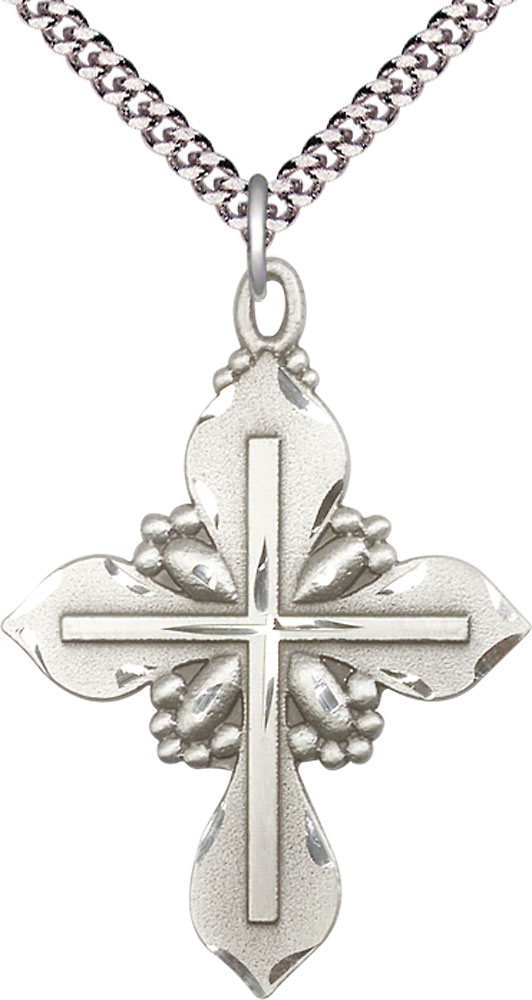 Sterling Silver Cross Pendant on a 24 inch Light Rhodium Heavy Curb chain