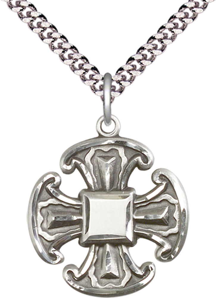 Sterling Silver Cross Pendant on a 24 inch Light Rhodium Heavy Curb chain