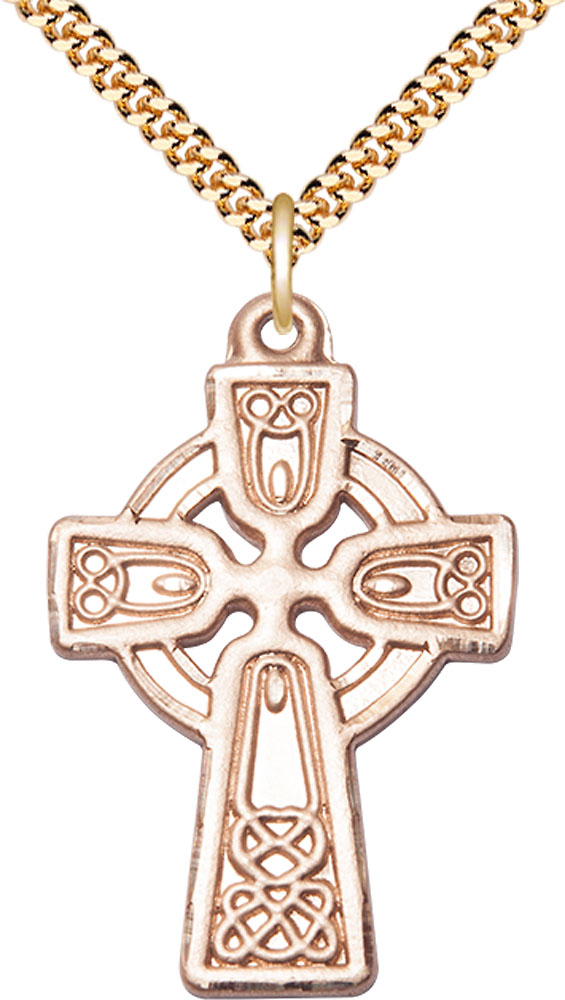 14kt Gold Filled Celtic Cross Pendant on a 24 inch Gold Plate Heavy Curb chain