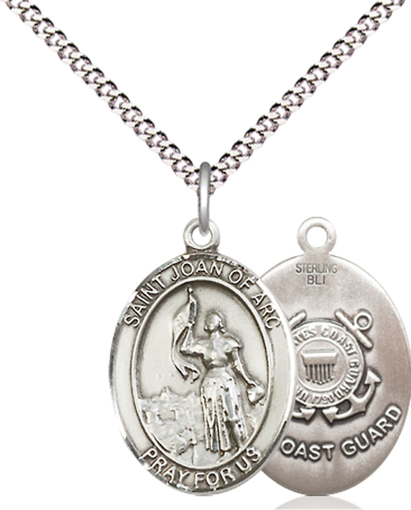 Sterling Silver Saint Joan of Arc  Coast Guard Pendant on a 18 inch Light Rhodium Light Curb chain