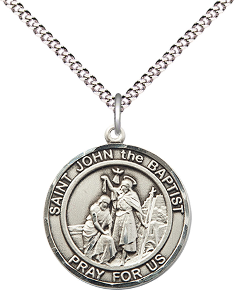 Sterling Silver Saint John the Baptist Pendant on a 18 inch Light Rhodium Light Curb chain