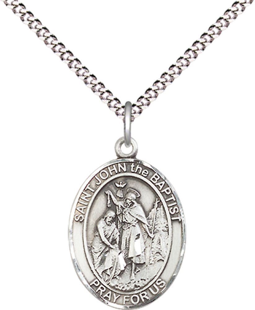 Sterling Silver Saint John the Baptist Pendant on a 18 inch Light Rhodium Light Curb chain