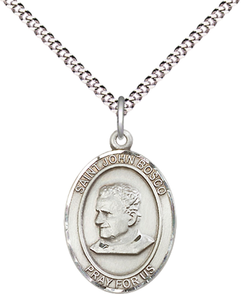 Sterling Silver Saint John Bosco Pendant on a 18 inch Light Rhodium Light Curb chain