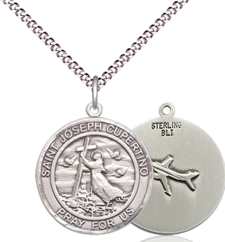 Sterling Silver Saint Joseph of Cupertino Pendant on a 18 inch Light Rhodium Light Curb chain