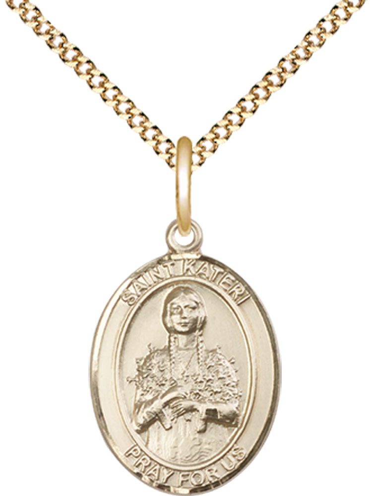 14kt Gold Filled Saint Kateri Pendant on a 18 inch Gold Plate Light Curb chain